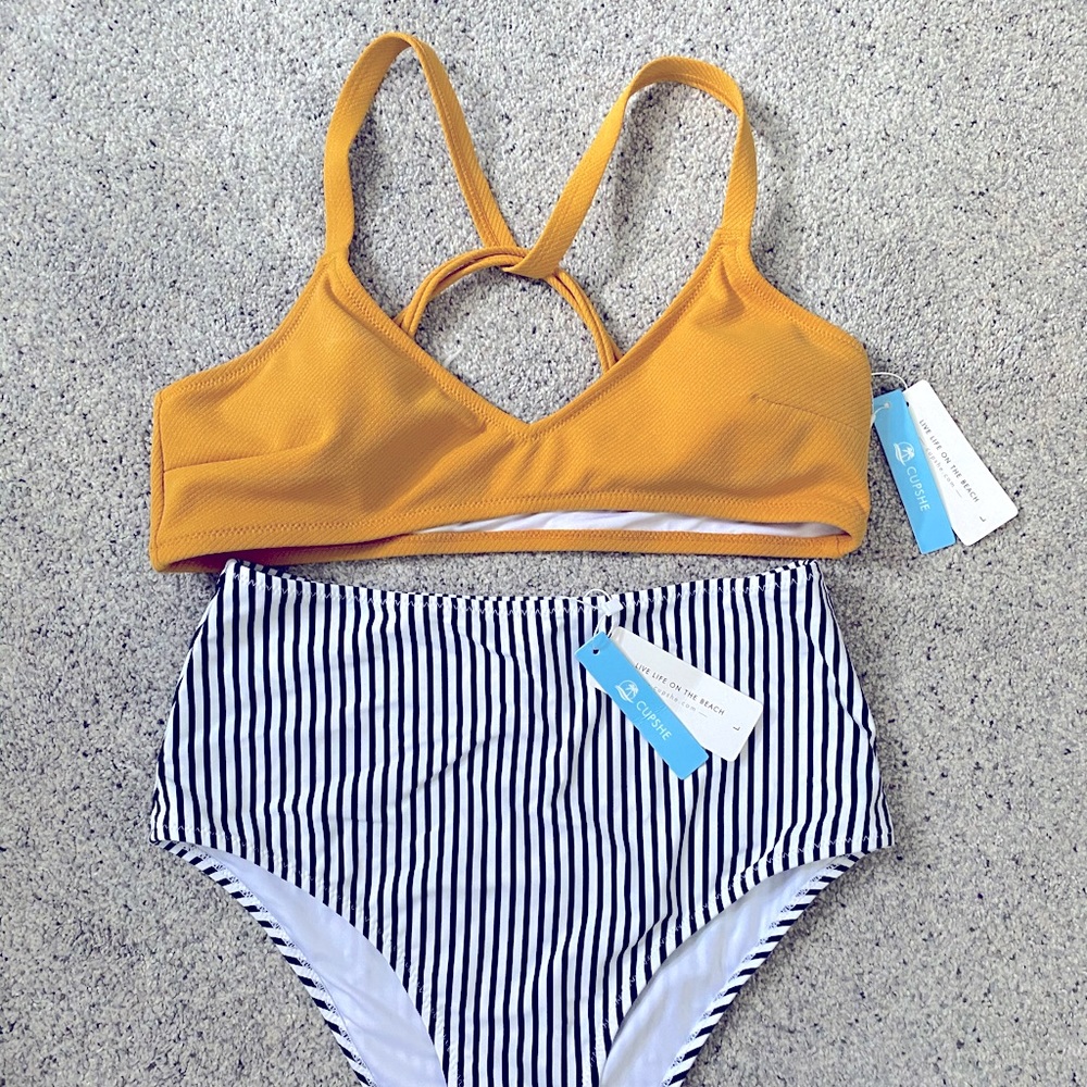 Striped High Waisted Bikini & Yellow Bikini Top